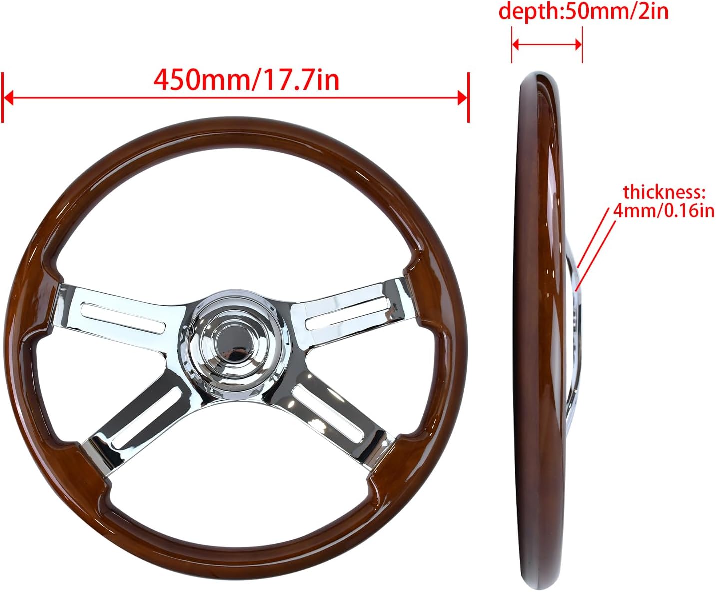 18'' Wooden Steering Wheel with 4 Spokes and 2'' Deep Plated Bracket, Modified Interior Accessory for Semi-Trailers, Compatible with Kenworth, Peterbilt, Volvo, Freightliner Trucks (Wood)