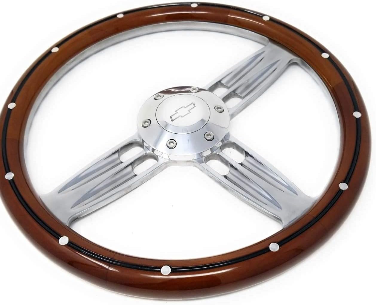 Real Wood & Chrome Steering Wheel Kit Compatible with Chevy Gm 95-01 Set Engraved Horn GMC TRUCK