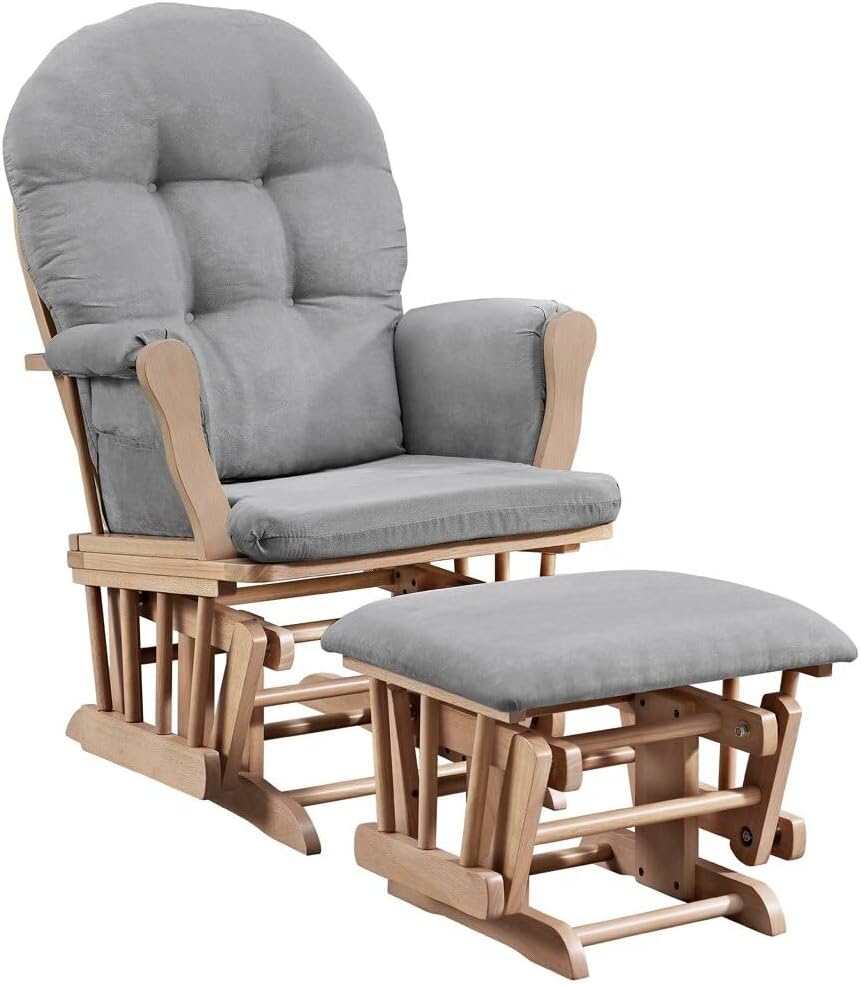 HomeStock Glider and Ottoman Set - Padded Arms, Storage Pockets, Metal Bearings Natural and Gray