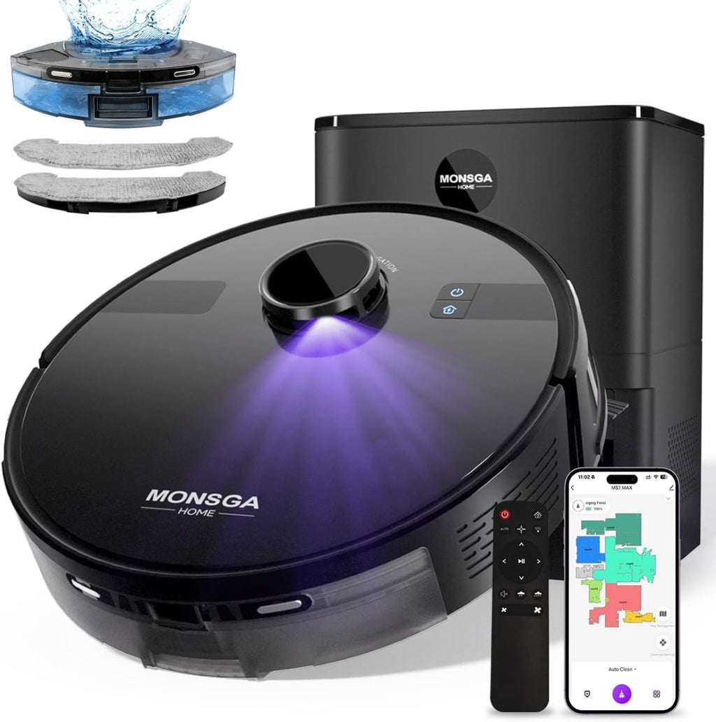 MONSGA Robot Vacuum and Mop Combo, 6000Pa Robotic Vacuum with 3.5L Self Emptying Station, Lidar Navigation Robot Vacuum Cleaner, 180mins Runtime, APP/Remote/Voice Control, for Hard Floors and Carpets