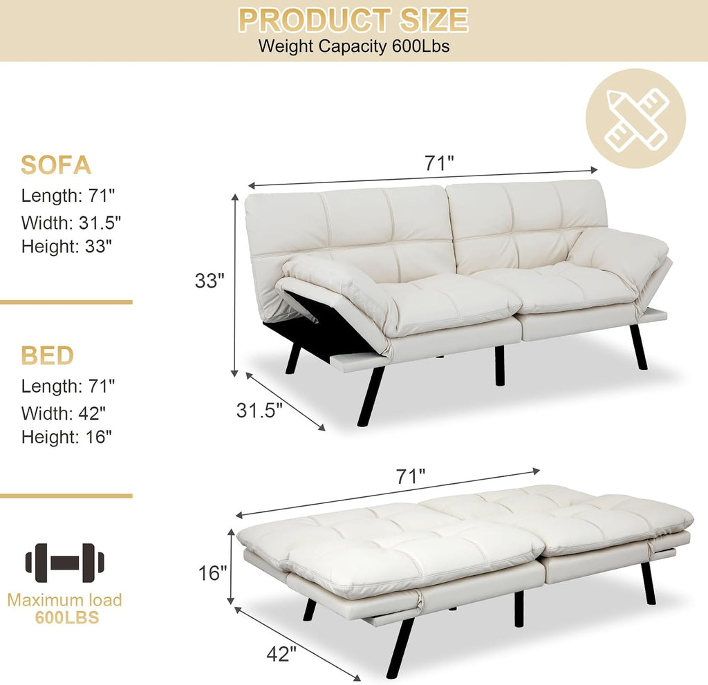 MUUEGM Futon Convertible Sofa Bed, Memory Foam Sleeper Couch,Modern Loveseat for Living Room,Adjustable Armrests Backrest Sofabed, White,Faux Leather.