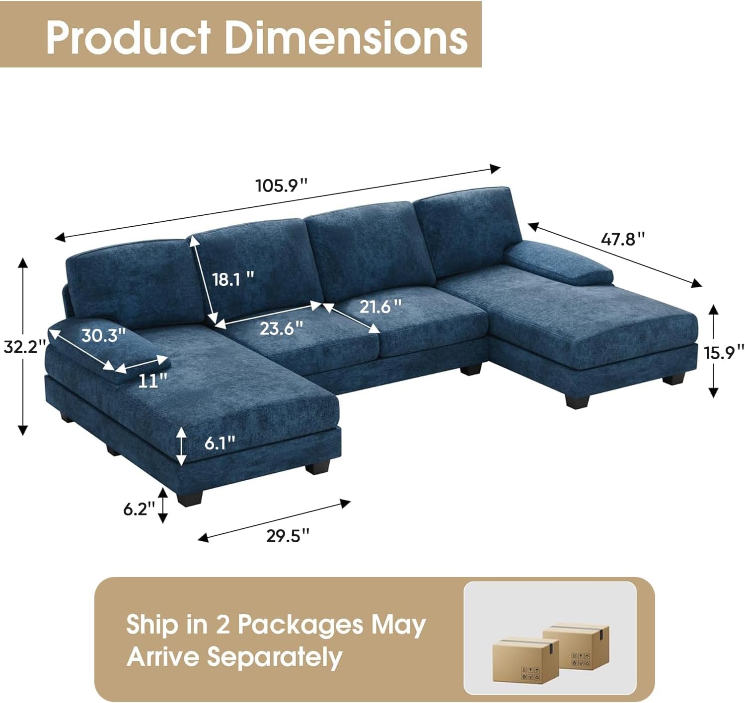 Furniwell Convertible Sectional Sofa Couch, 4 Seat Sofa Set for Living Room U-Shaped Modern Fabric Modular Sofa Sleeper with Double Chaise & Memory Foam (Fabric, Blue)
