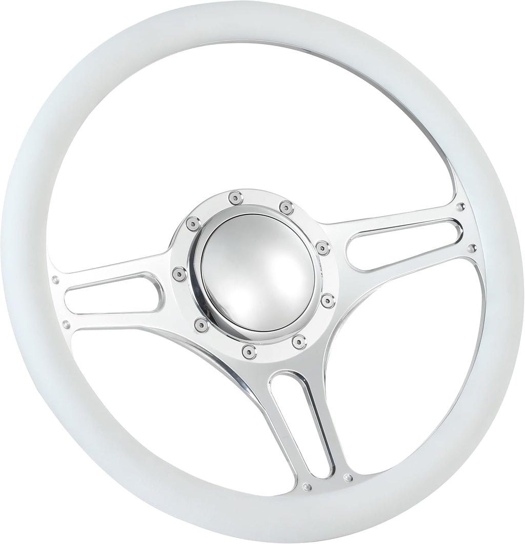 14'' Billet Half Wrap 9 Bolts Steering Wheel with 2'' Dish and Horn Button (White)