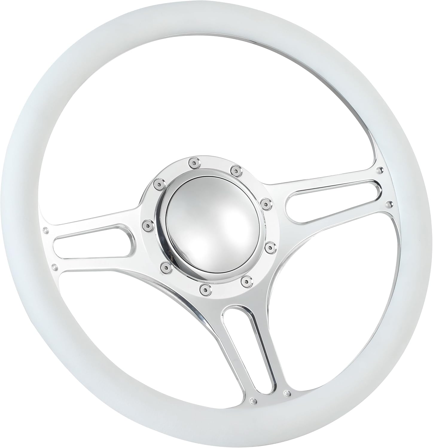 14'' Billet Half Wrap 9 Bolts Steering Wheel with 2'' Dish and Horn Button (White)