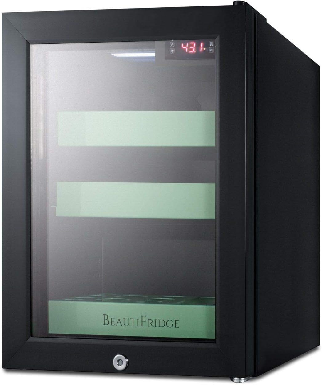 Summit Appliance LX114LG BeautiFridge Compact Cosmetics Cooler with Glass Door, Black; 0.85 cu.ft Capacity, Digital thermostat, Automatic defrost, Factory Installed Lock, Bottle Shelf, Removable Trays