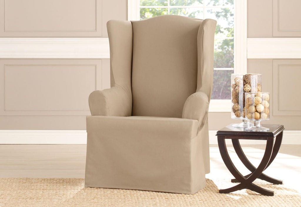 SureFit Heavyweight Cotton Duck Wing Chair Slipcovers, Heavyweight Cotton Wing Chair Cover, One Piece Design, Armchair Cover with Seat Elastic and Adjustable Corner Ties, Khaki
