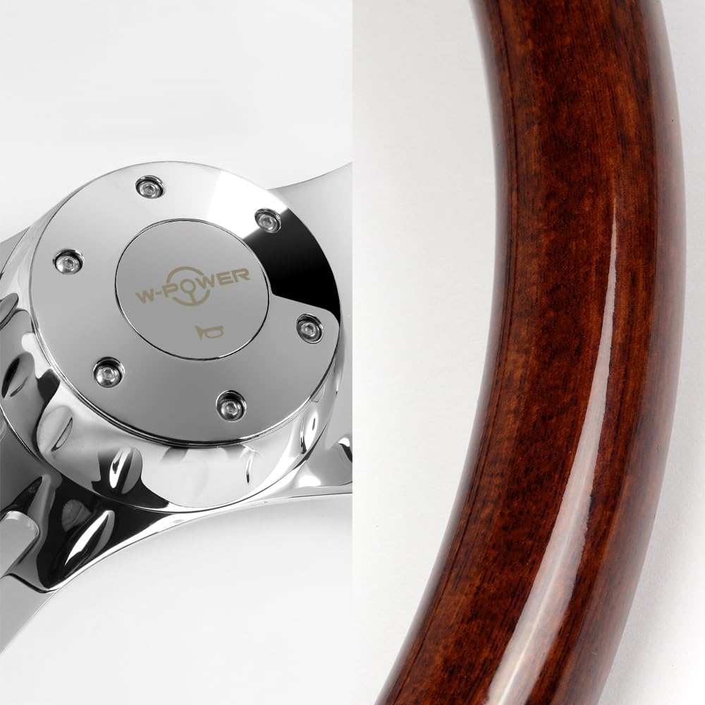 W-Power, 16' Universal 406mm 5 Bolt Hole 2 Inches Deep with Aluminum Polished Vintage Style Wood Grip Steering Wheel, Chrome Horn Button (Dark Wood Grip/Chrome Spokes)