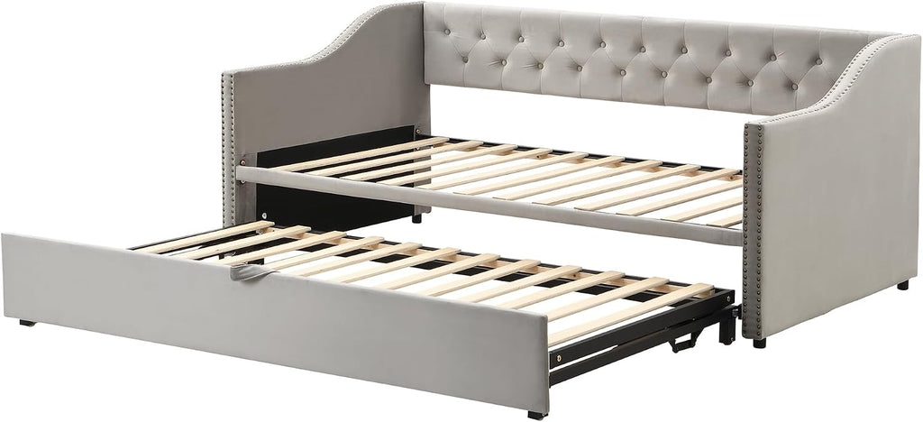 Merax Twin Size Upholstered Velvet Daybed with Pop Up Trundle, Multi-Functional Sofa Bed with Backrest and Two Armrest for Kids Room, Guest Room, Living Room,Gray
