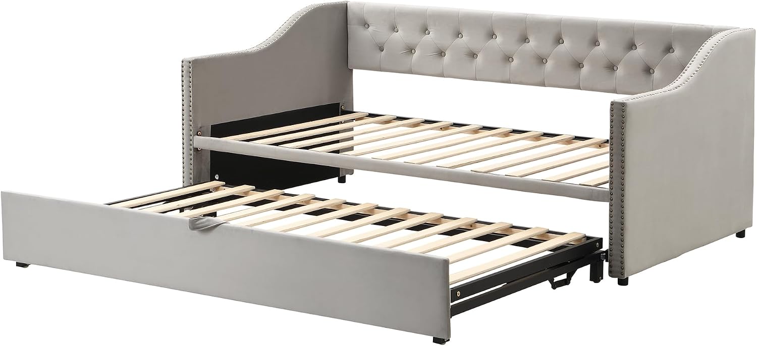 Merax Twin Size Upholstered Velvet Daybed with Pop Up Trundle, Multi-Functional Sofa Bed with Backrest and Two Armrest for Kids Room, Guest Room, Living Room,Gray