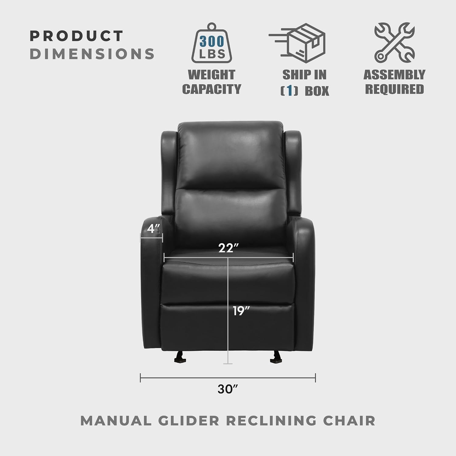 Lexicon Manual Glider Recliner Chair, Reclining Sofa Chair, Home Theater Seating, Manual Glider Recliner for Living Room/Office/Apartment, Easy Assembly, Black Faux Leather