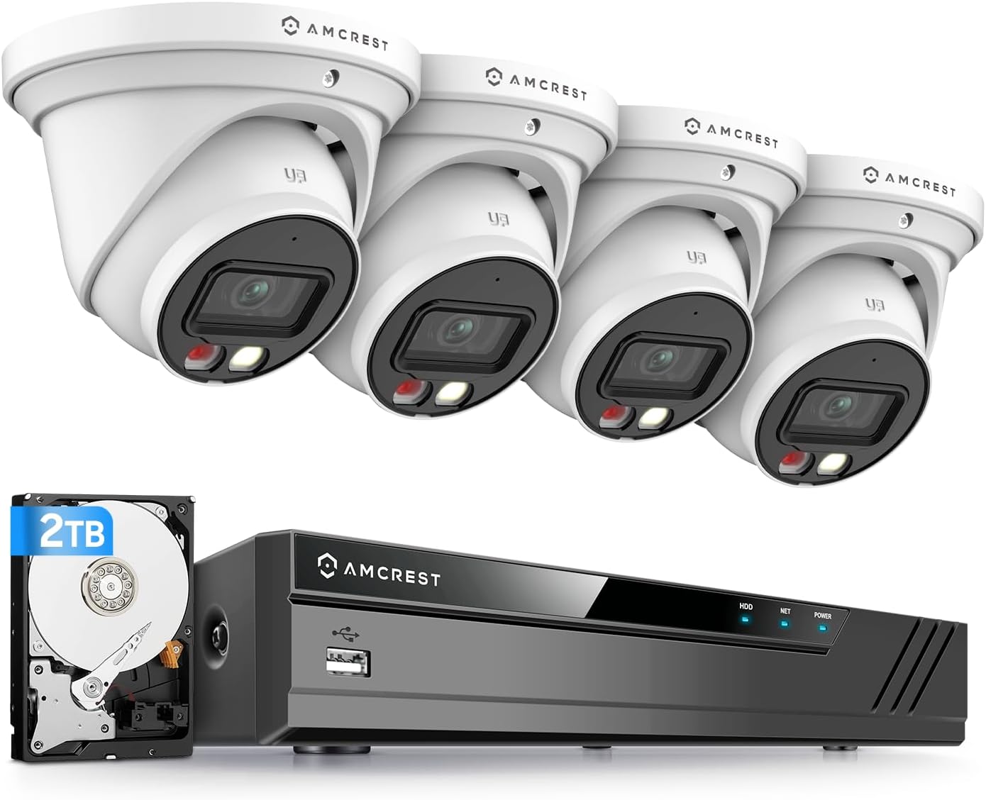 Amcrest 4K Security Camera System, 4K 8CH PoE NVR, (4) x 8-Megapixel Night Color Turret POE IP Cameras (IP8M-2779EW-AI), Active Deterrent, Pre-Installed 2TB Hard Drive, NV4108E-2779EW4-2TB (White)