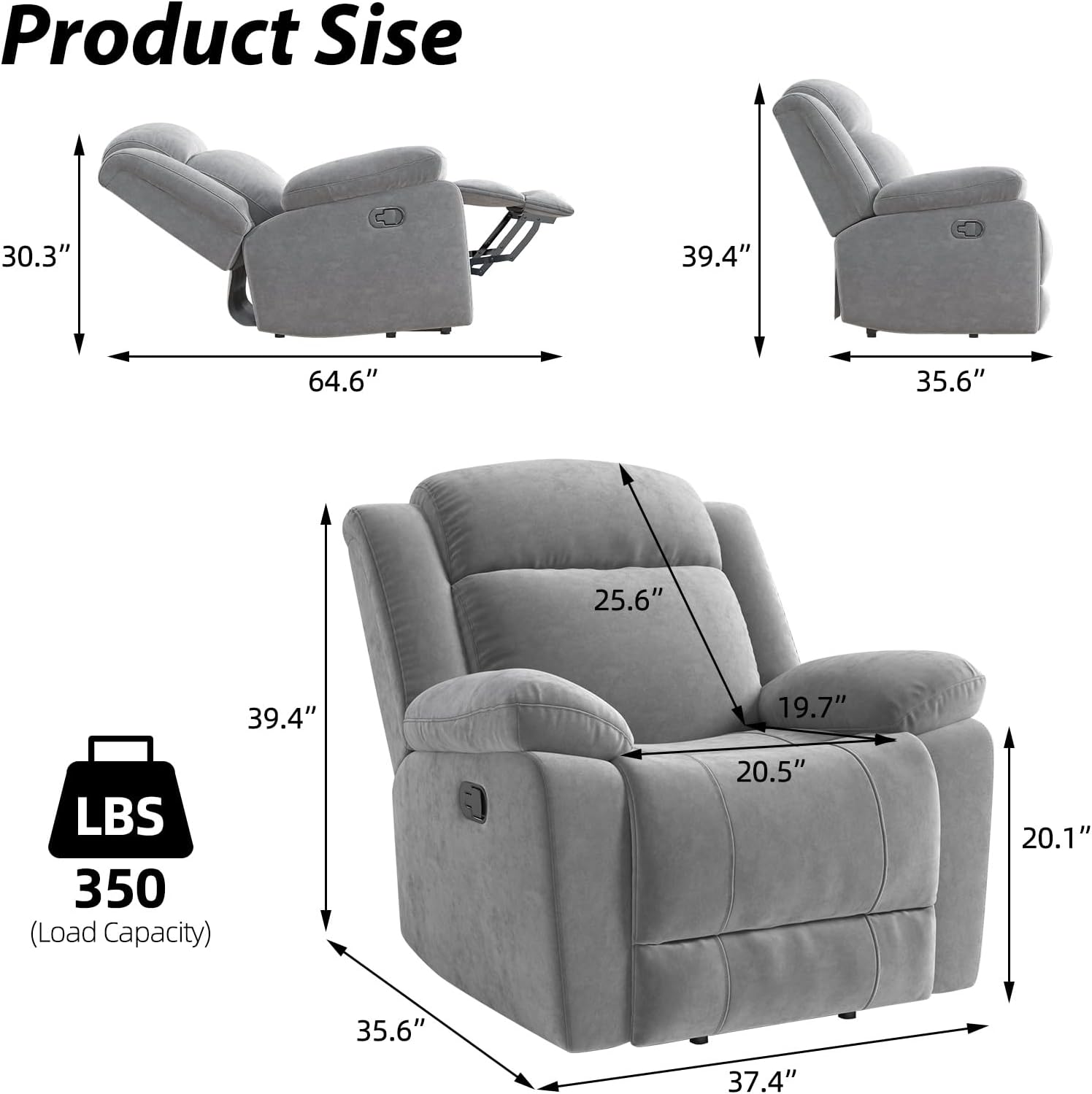 HAOMARKETS Rocker Recliner Chair Set of 2 for Adults, Manual Recliner Chair with Overstuffed Backrest and Armrests, Upholstered Rocking Reclining Sofa Chair for Living Room, Grey
