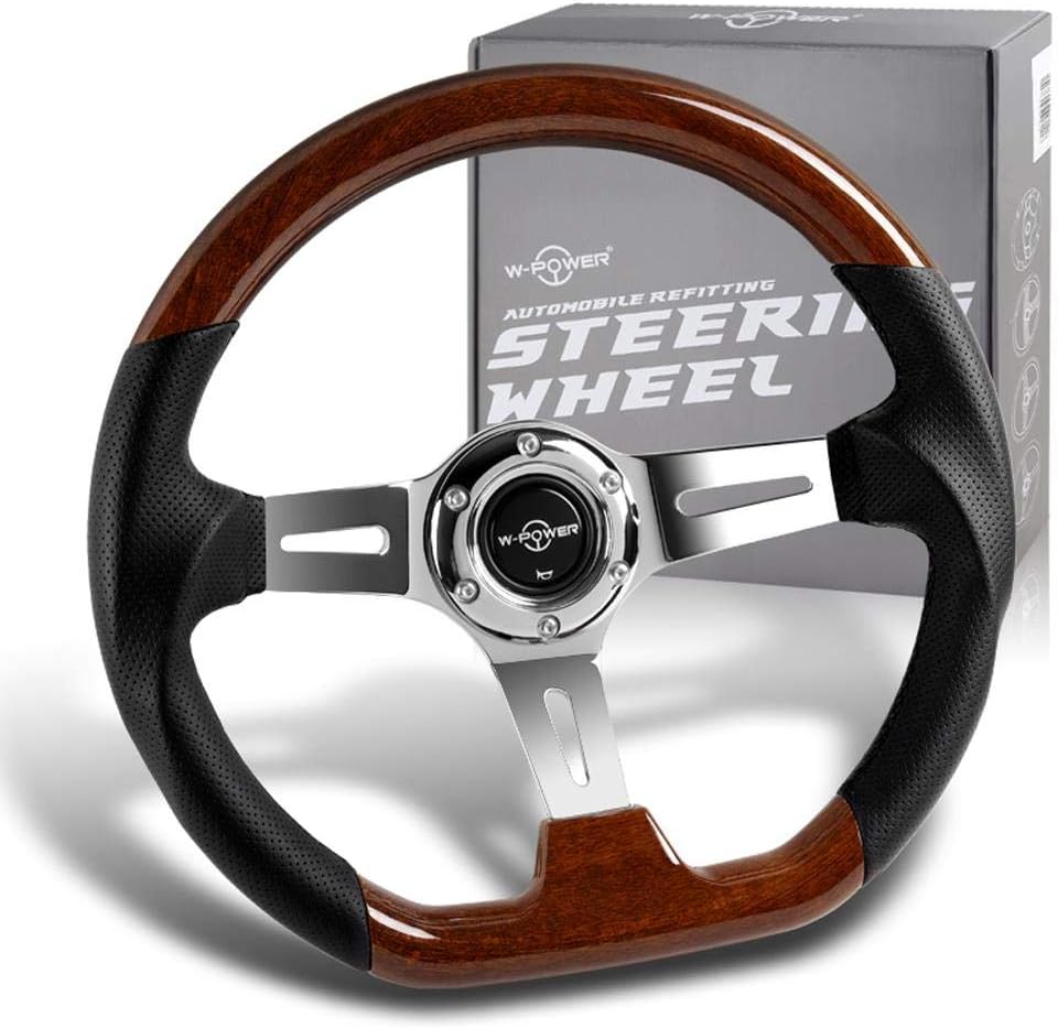W Power Exclusive 13.5' Dark Wood Grip 6 Lug Bolt Hole Chrome 3-Spoke Vintage 343mm Steering Wheel