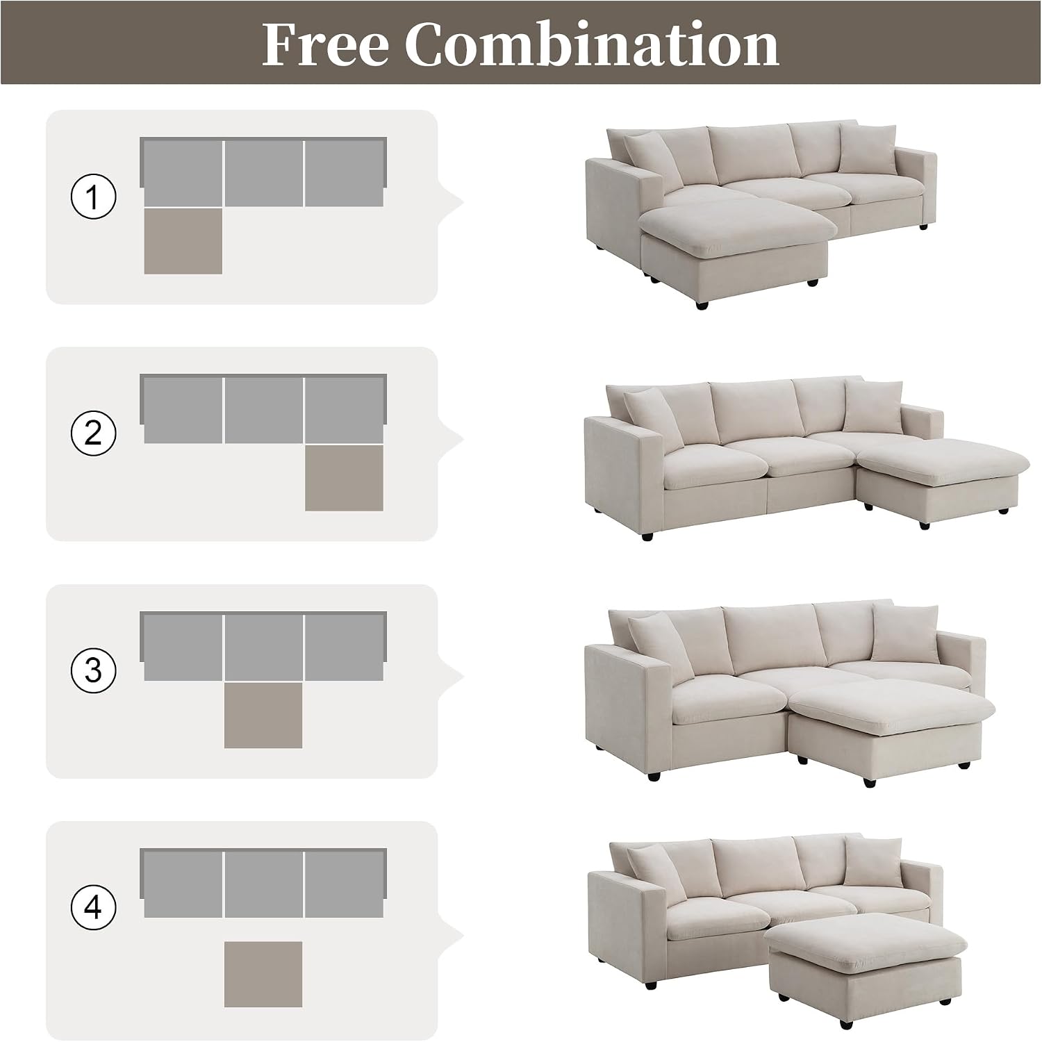 Tmsan 100.4' Beige Cloud Couches for Home Living Room Sofa Set, Modern L Shaped Sectional Couch with Convertible Ottoman, 4 Seater Comfy Polyester Fabric Modular Sofa for Apartment Bedroom Office