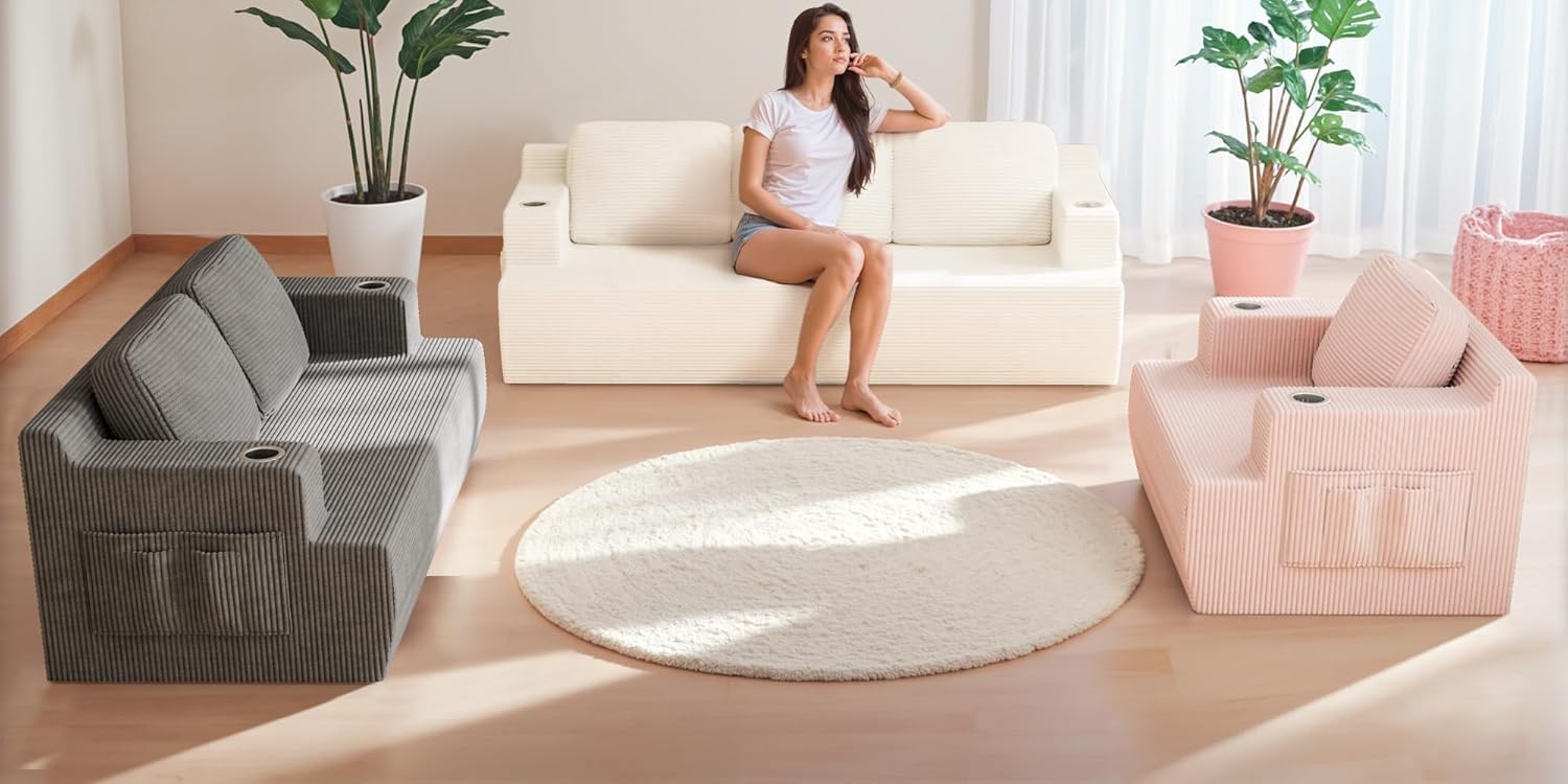 Homall 42' Single Sofa Foam Couch for Small Spaces Upholstered Floor Sofa with Cup Holder & Storage Pocket Boneless Couch for Bedroom Living Room (White, Single)