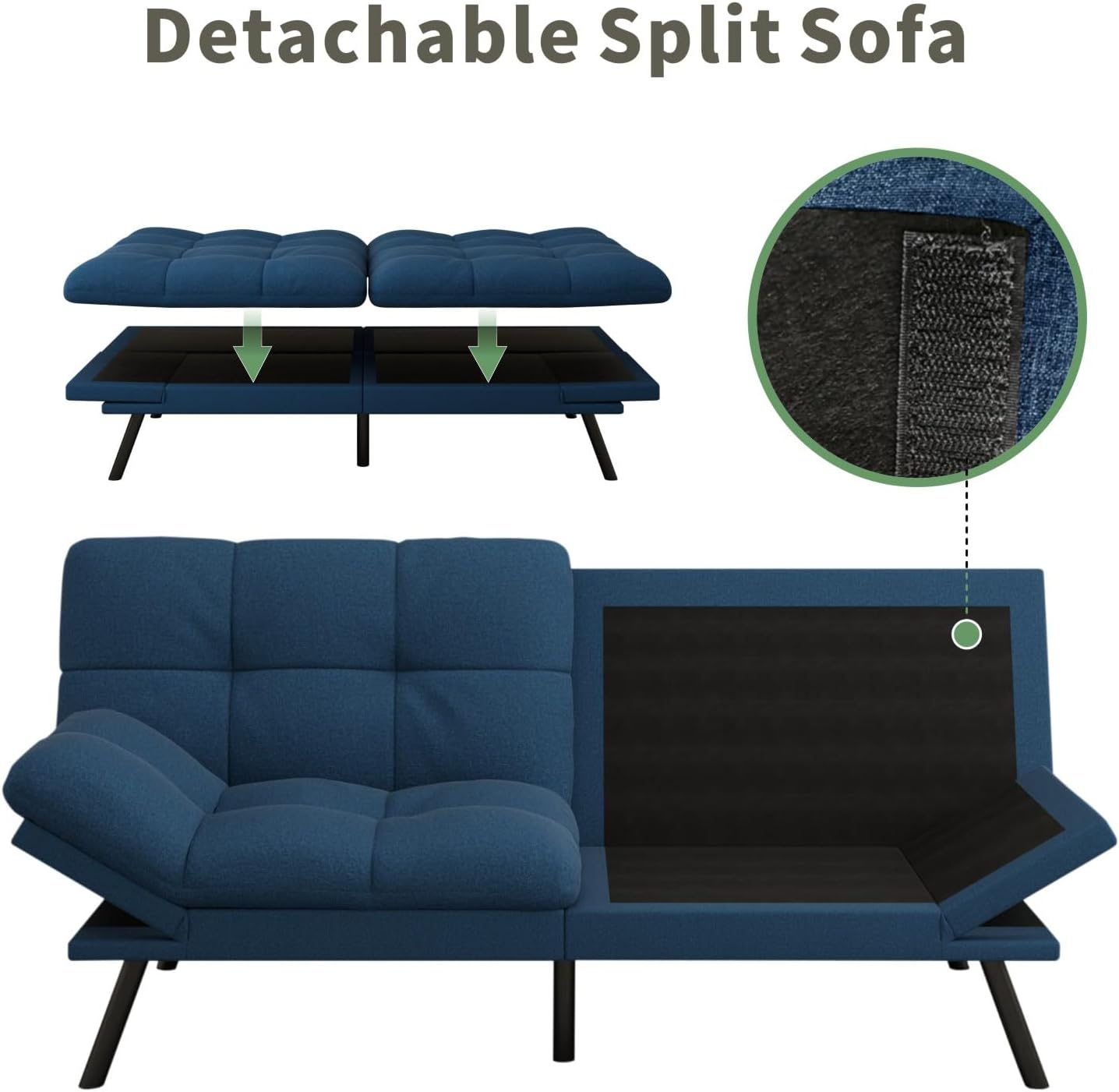MUUEGM 71-Inch Futon Sofa Bed, Convertible Loveseat Sleeper | Modern Blue Linen Fabric | Adjustable Couch for Living Room & Small Spaces
