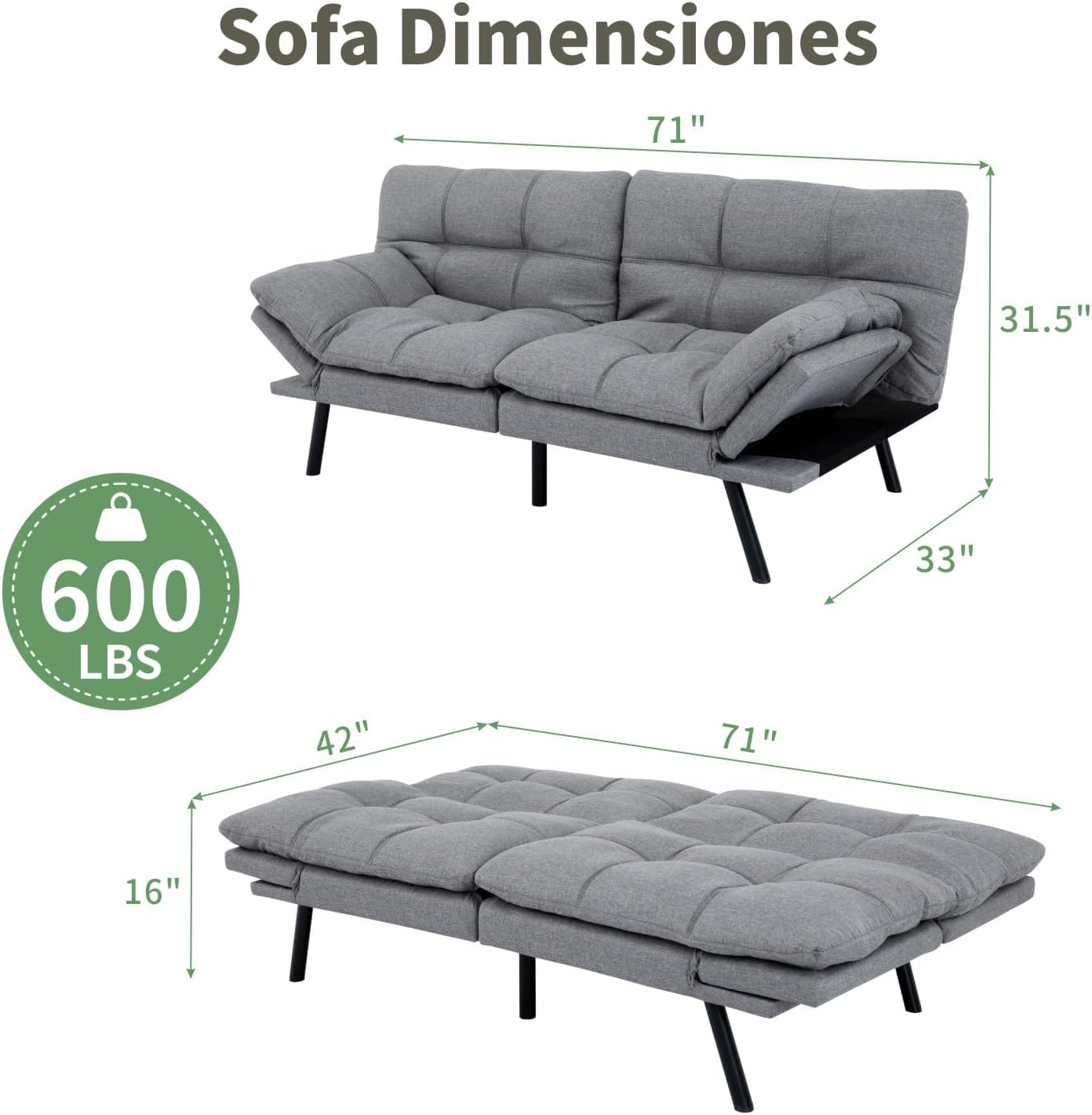 MUUEGM 71-Inch Futon Sofa Bed, Convertible Loveseat Sleeper | Airy Light Gray Linen | Adjustable Couch for Modern, Minimalist Spaces
