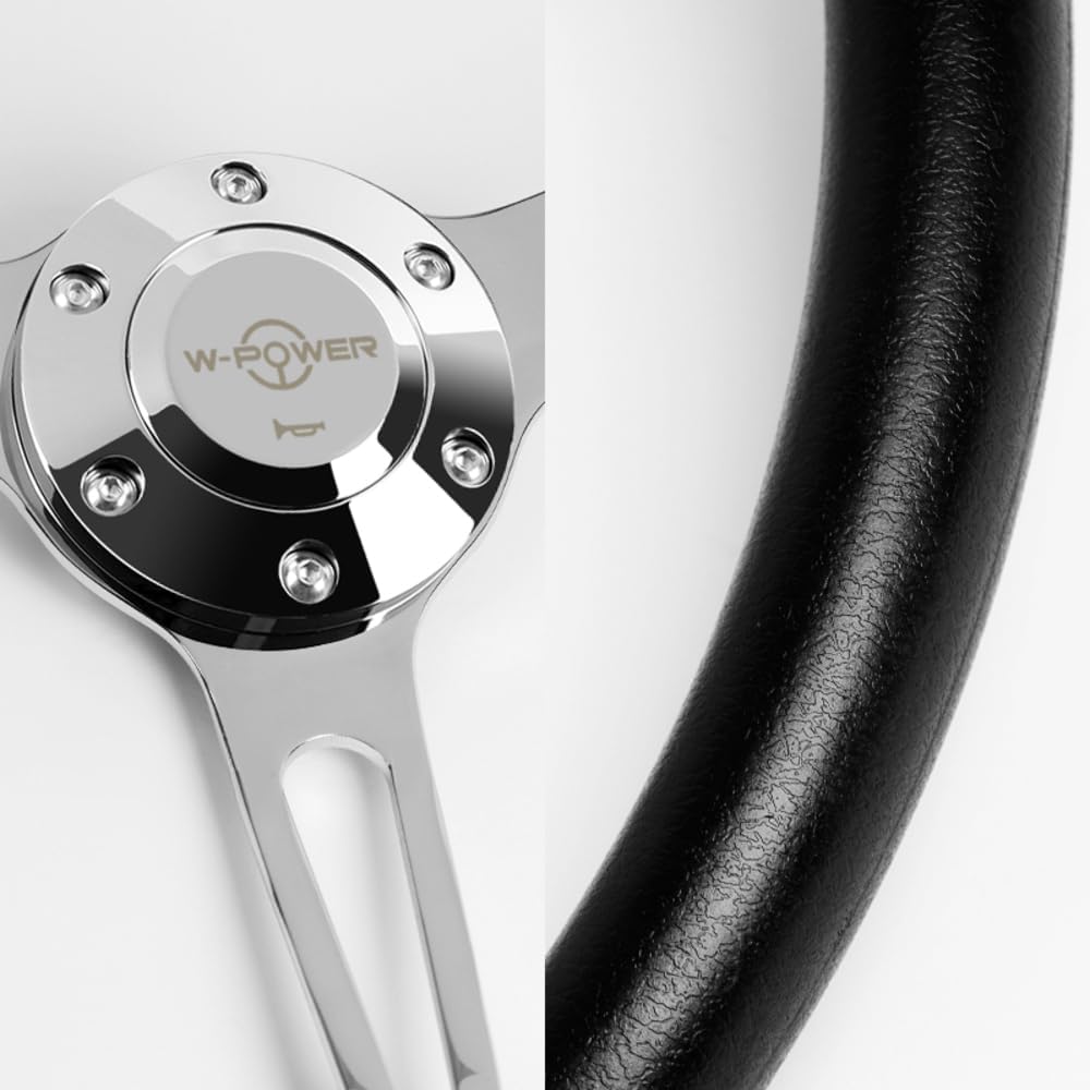 W-Power, 15' Reinforced 380mm 6 Bolt Hole Aluminum Finised Black Vinyl Wrap Trim Steering Wheel, Chrome Horn Button JDM Euro VIP Style, 3' Deep (Black Vinyl Wrap/Chrome Spoke)