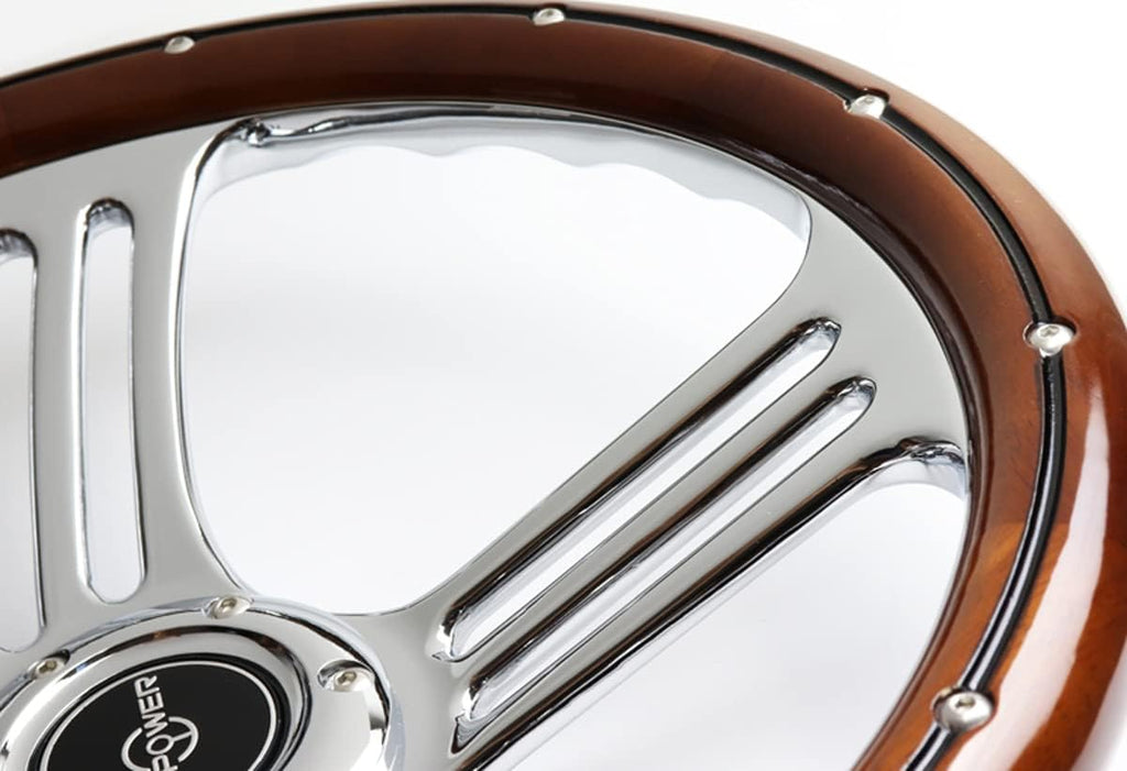 W-Power, 14' Universal 350mm 6 Bolt Hole 2.5 Inches Vintage Dark Wood Style with Aluminum Polished Dark Wood Steering Wheel, Black Horn Button, Chrome 3-Spoke