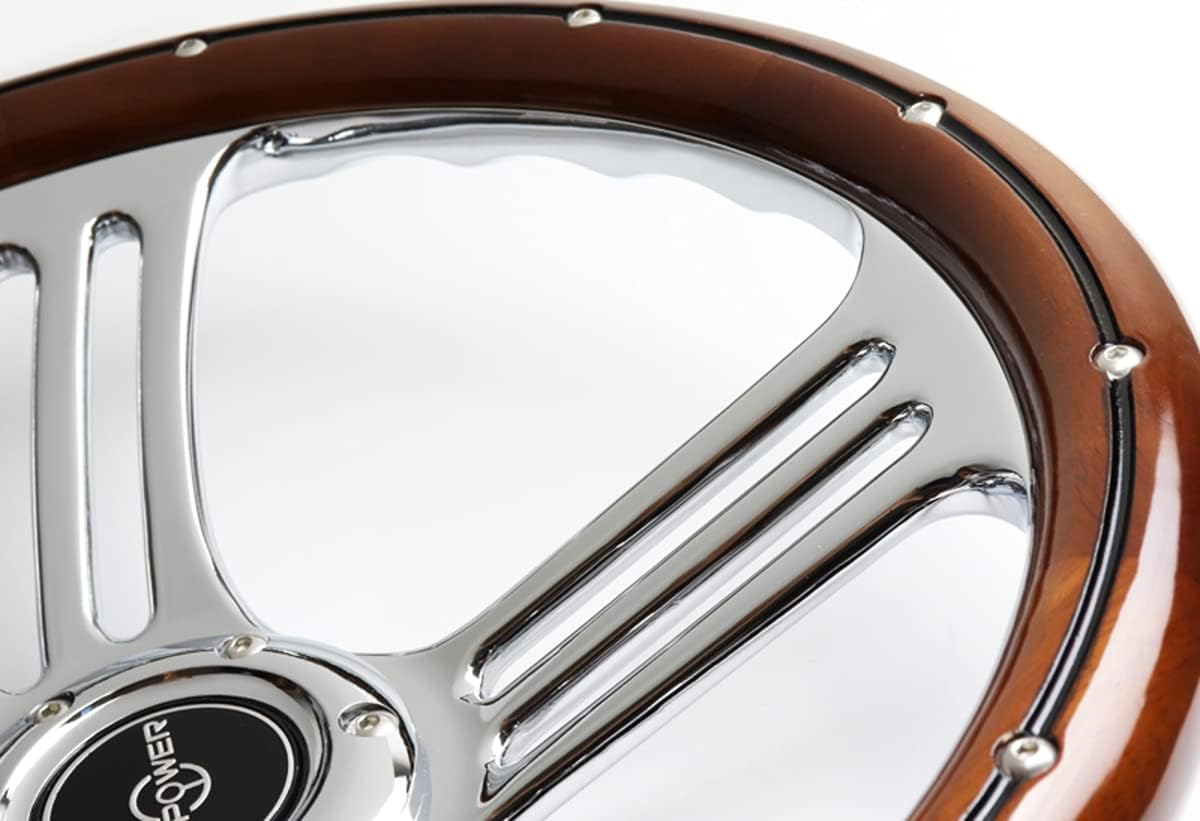 W-Power, 14' Universal 350mm 6 Bolt Hole 2.5 Inches Vintage Dark Wood Style with Aluminum Polished Dark Wood Steering Wheel, Black Horn Button, Chrome 3-Spoke