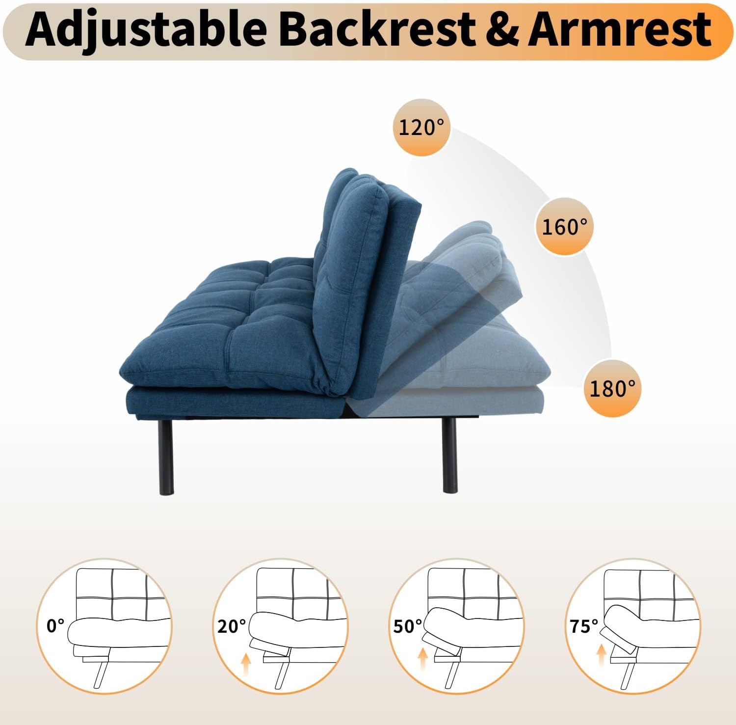 MUUEGM 71' Futon Sofa Bed, Cozy Convertible Loveseat Sleeper, Linen Fabric Couch with Adjustable Back & Arms for Living Room, Guest Room - Navy