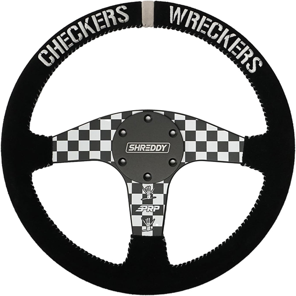 PRP Seats X Shreddy Checkers Wreckers Flat Suede Grip Steering Wheel for Off-Road Racing - High-Strength Aluminum, Moisture-Resistant Suede, 6 Point Bolt Pattern - 13' Dia x 1.5' (Checkered)