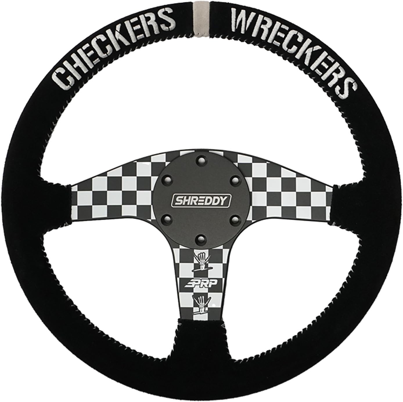 PRP Seats X Shreddy Checkers Wreckers Flat Suede Grip Steering Wheel for Off-Road Racing - High-Strength Aluminum, Moisture-Resistant Suede, 6 Point Bolt Pattern - 13' Dia x 1.5' (Checkered)