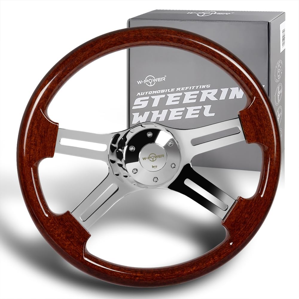 W-Power, 18' Universal 457mm 5 Bolt Hole 2 Inches Deep with Aluminum Polished Vintage Style Wood Grip Steering Wheel, Chrome Horn Button, 4 Spoke (Dark Wood Grip/Chrome Spoke)