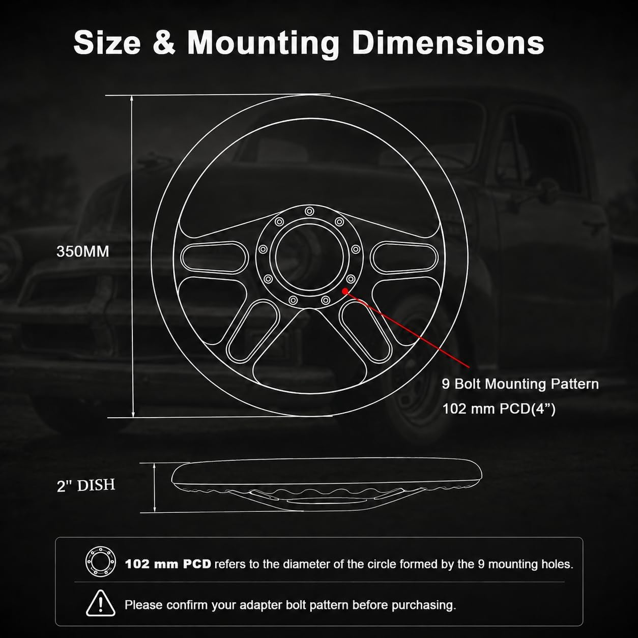 14'' Billet 4-slot Half Wrap 9 Bolts Steering Wheel with 2'' Dish and Horn Button Compatible with Chevy, Ford, GM (Tan)