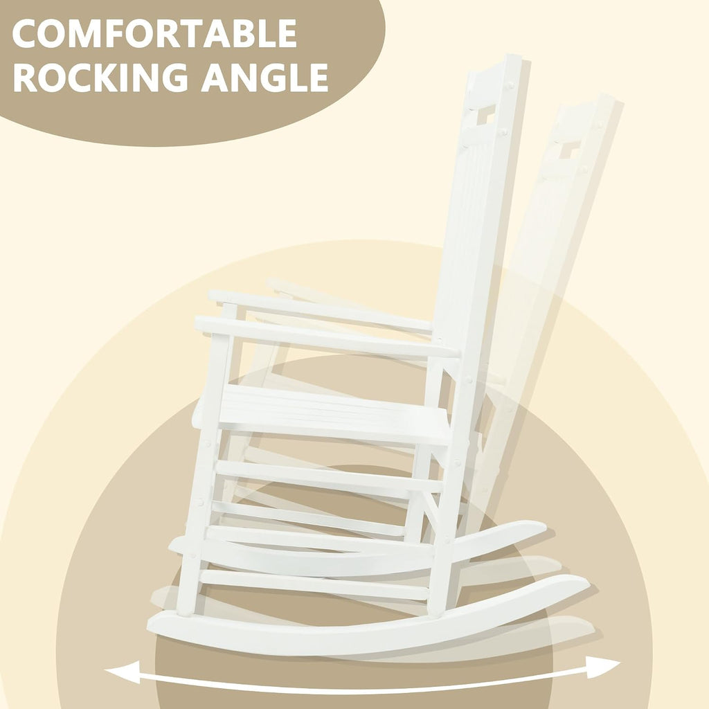 Kozyard 3-Piece Wooden Outdoor Rocking Chair Set with Foldable Side Table, Black Patio Rockers and End Table Furniture Set for Deck, Garden, Porch, Poolside (White/2Chairs+Table)