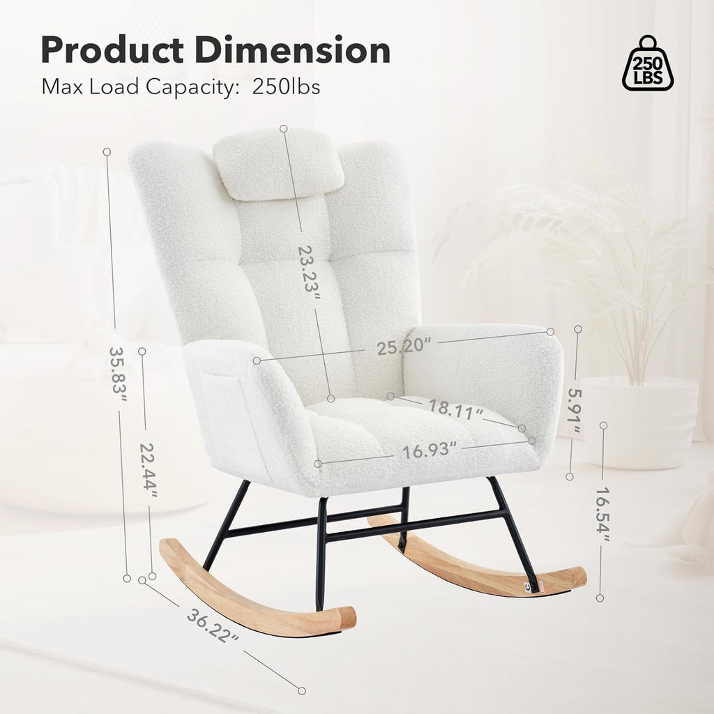 Nursery Rocking Chair - Teddy Upholstered Glider Rocker for Adults, Wood Legs, Two Side Pockets, Padded Seat, High Backrest, Glider Chair for Living Room, Bedroom, Small Spaces - Beige