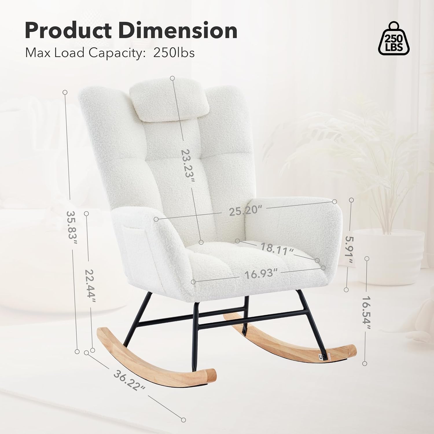 Nursery Rocking Chair - Teddy Upholstered Glider Rocker for Adults, Wood Legs, Two Side Pockets, Padded Seat, High Backrest, Glider Chair for Living Room, Bedroom, Small Spaces - Beige