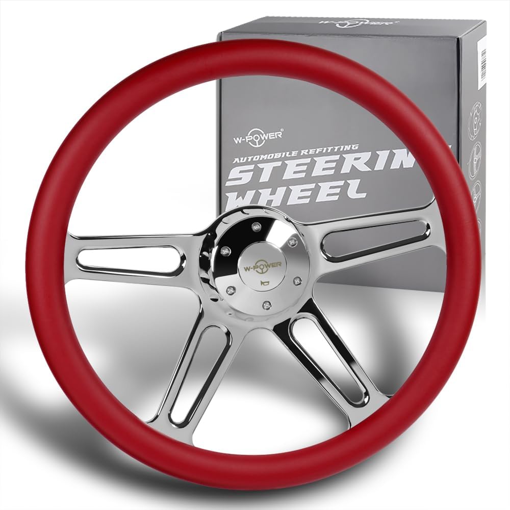 18' Universal 457mm 5 Bolt Hole 2 Inches Deep, Vintage Style Leather Grip Steering Wheel with Hub Adapter Compatible with T04 Kenworth, Peterbilt All Models (Red Leather Grip)