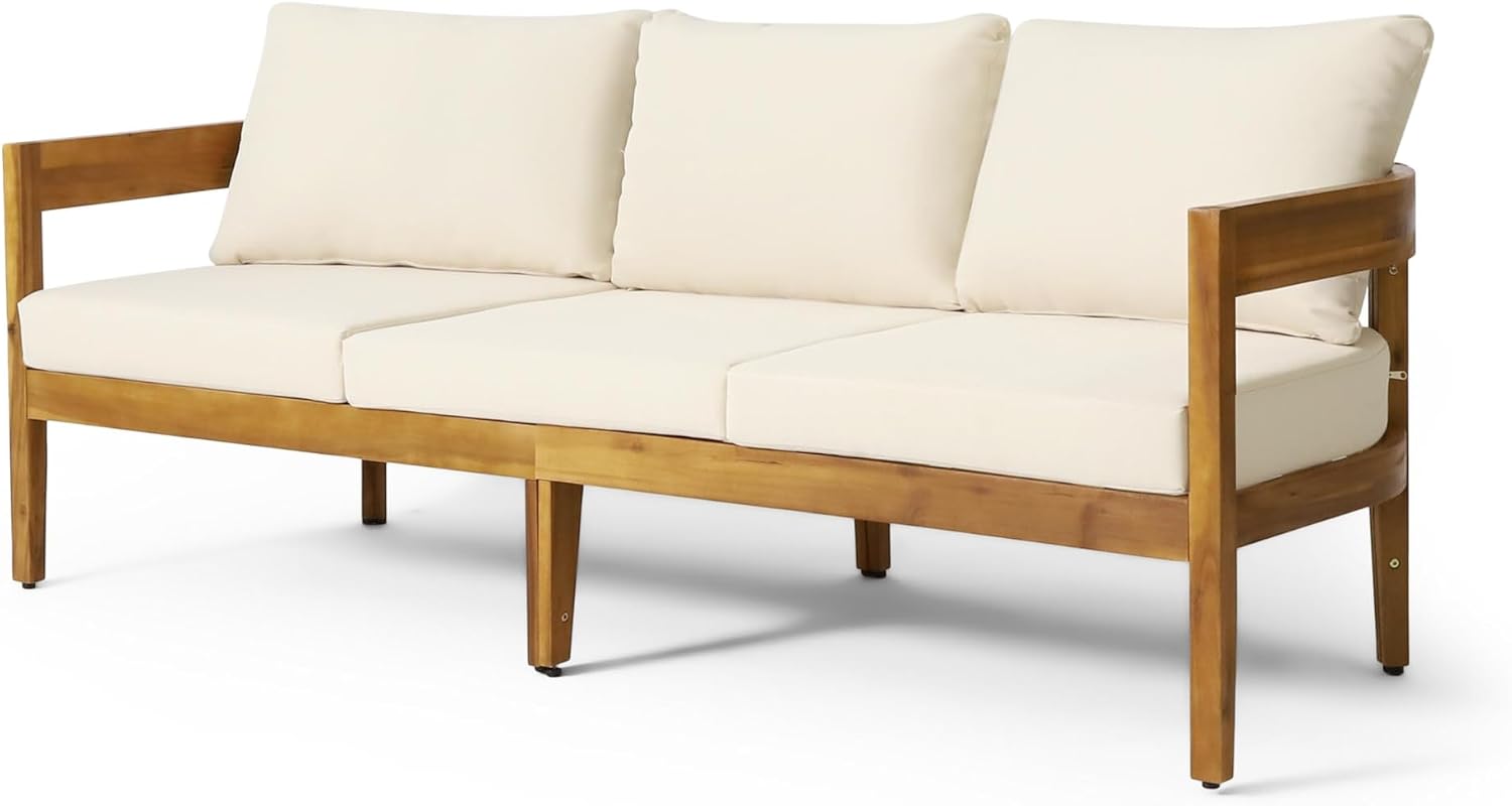 76.5 Inch Outdoor Acacia Wood 3-Seater Patio Sofa with Beige Cushions Curved Tuxedo Design Weather-Resistant Garden Backyard Couch, Teak