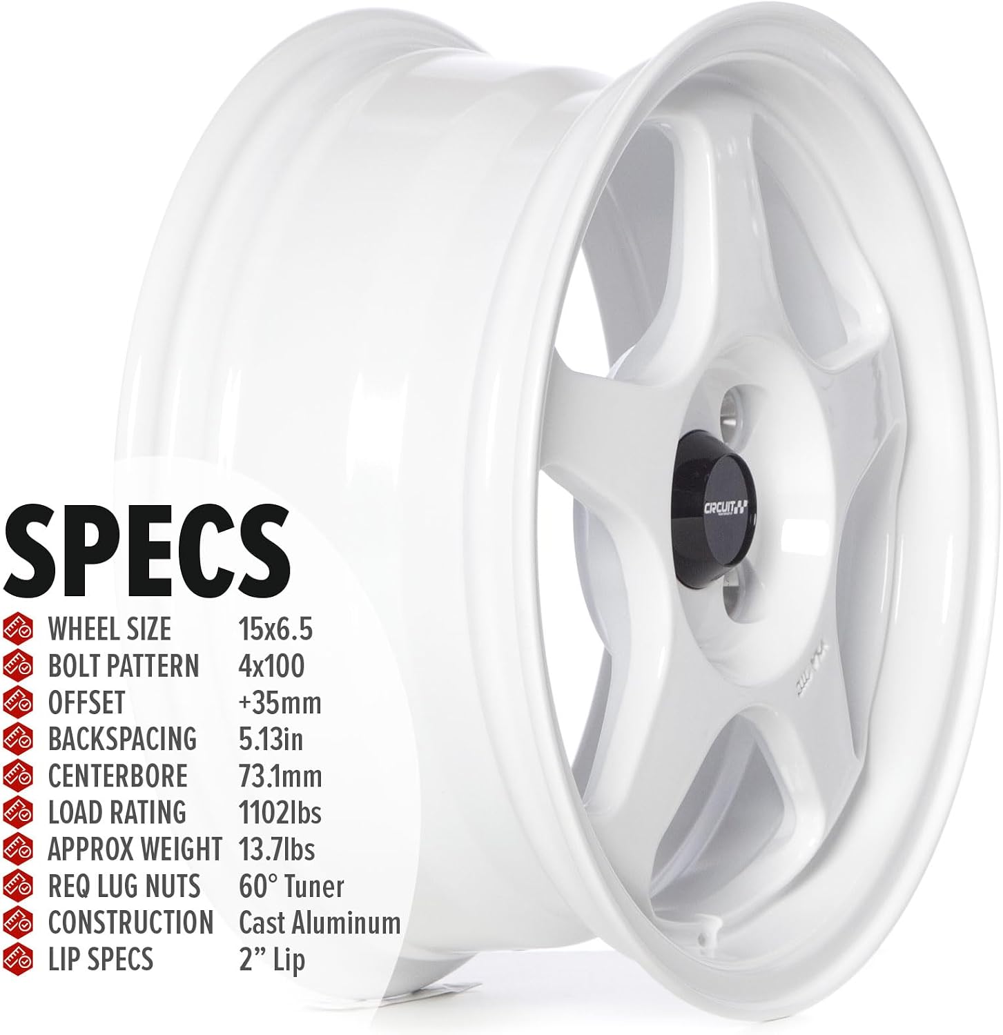 Circuit Performance CP22 15×6.5 Gloss White 4×100 [+35mm] Wheels Spoon Style Rims compatible with Honda Civic EK EG, Acura Integra DC2, BMW E30, Mazda Miata