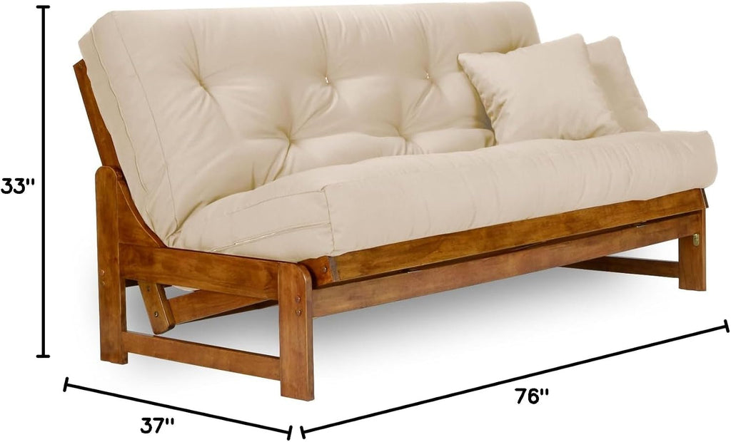 Nirvana Futons Arden Futon Set - Full Size Futon Frame with Mattress Included (8 Inch Thick Mattress, Twill Khaki Color), Heavy Duty Wood, Popular Sofa Bed Choice
