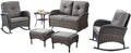 Belord 6 Pieces Outdoor Patio Furniture Set with Wicker Rocking Chairs, Rattan Patio Conversation Set with Glider Loveseat Ottomans and Side Table Brown/Grey