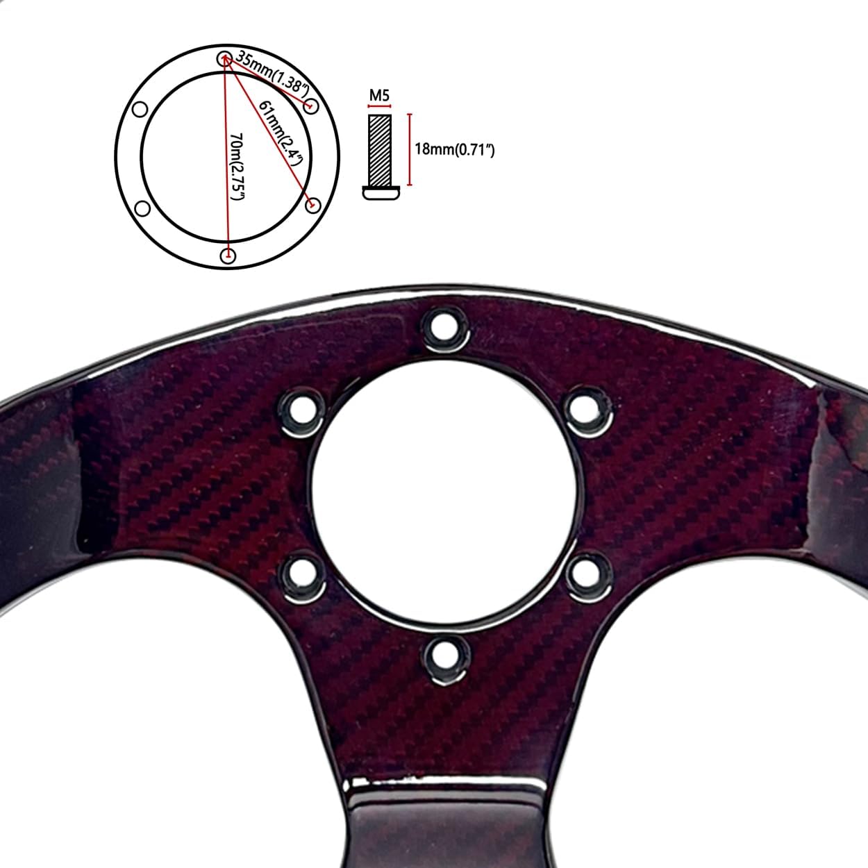 Universal 320mm Real Carbon Fiber Racing Steering Wheel Red | Flat Bottom D shaped ,hard and lightweight ,6 Holes Semicircle Jet