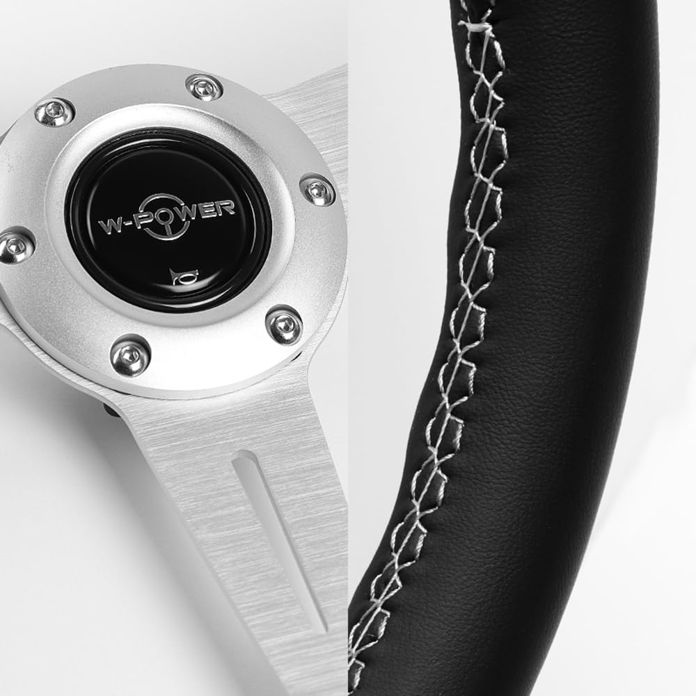 W-Power, 14' Universal 350mm 6 Bolt Hole Aluminum Polished 'Galaxy' Wood Grain Trim Steering Wheel, 3-Spoke, Black Horn Button JDM VIP Style (Black Leather Grip - Silver Center)