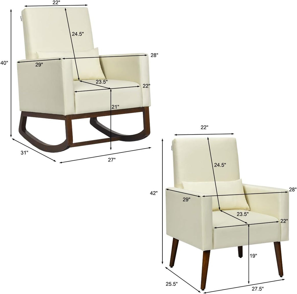 Giantex Set of 2 Rocking Chair Fabric High Back Armchair with Waist Pillow,Wooden Tapered & Rocking Dual Legs Multifunctional Upholstered Accent Chair for Nursery, Living Room, Bedroom Rocker,Beige