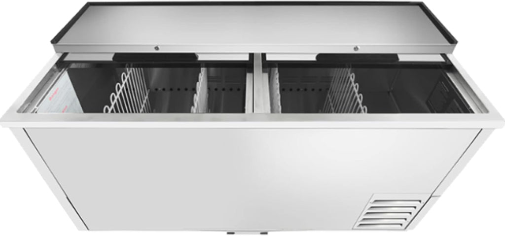 Atosa MBC65GR 65' Insulated Horizontal Bottle Cooler for Restaurant Hotel Casino Pub Bar Beer Cider Soda | 16.4 Cu. Ft. Can Bottle Capacity | 4 Wire Divider, 2 Top Sliding Lid, Stainless Steel, 115V