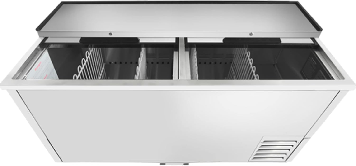 Atosa MBC65GR 65' Insulated Horizontal Bottle Cooler for Restaurant Hotel Casino Pub Bar Beer Cider Soda | 16.4 Cu. Ft. Can Bottle Capacity | 4 Wire Divider, 2 Top Sliding Lid, Stainless Steel, 115V