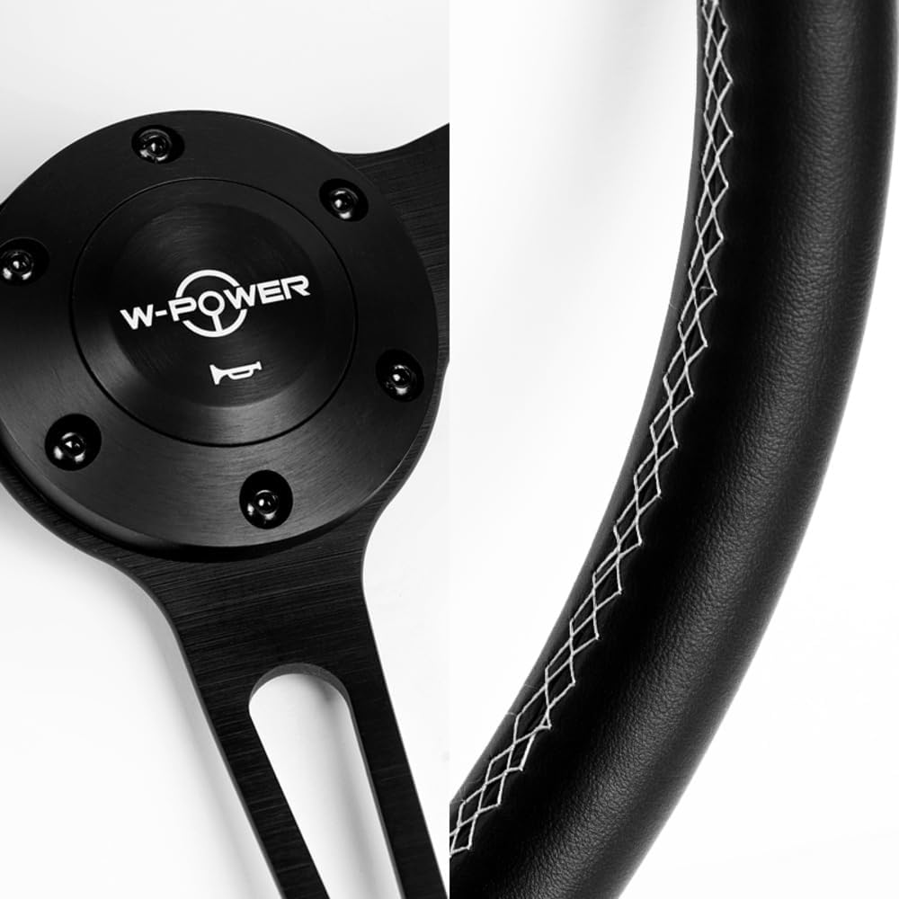 W-Power, 15' Reinforced 380mm 6 Bolt Hole Aluminum Finised Black Wood Grain Trim Steering Wheel, Black Horn Button JDM Euro VIP Style, 3' Deep (Black Leather/Matt Black Spoke)