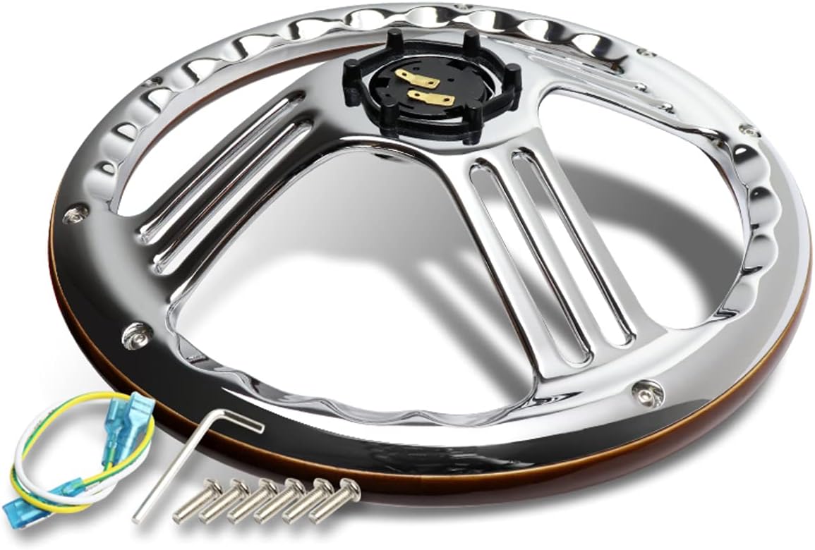 W-Power, 14' Universal 350mm 6 Bolt Hole 2.5 Inches Vintage Dark Wood Style with Aluminum Polished Dark Wood Steering Wheel, Black Horn Button, Chrome 3-Spoke
