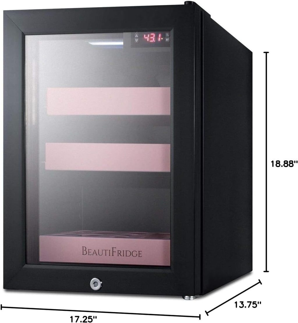 Summit Appliance LX114LP BeautiFridge Compact Cosmetics Cooler, Black Finish with Pink Adjustable Shelves, Digital Thermostat, Automatic Defrost, Factory Lock, Tempered Glass Door