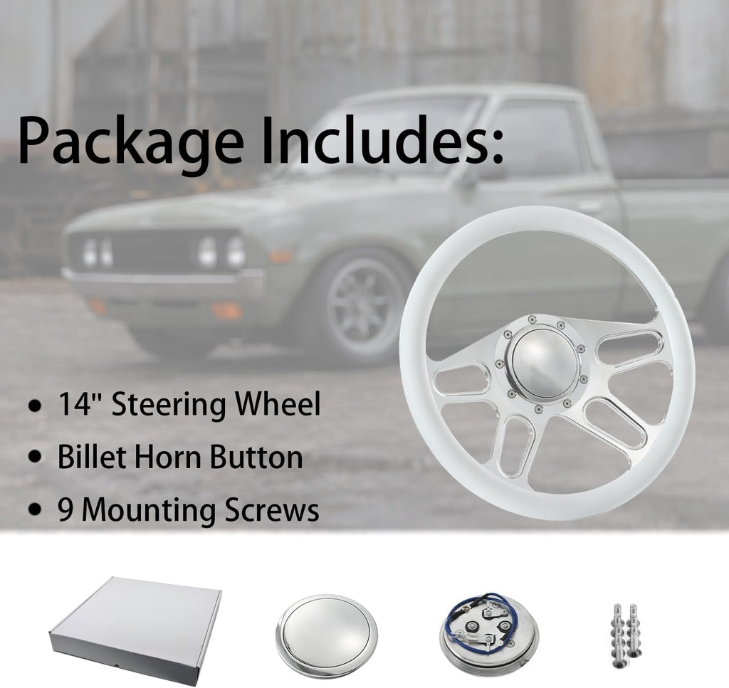 14'' Billet 4-slot Half Wrap 9 Bolts Steering Wheel with 2'' Dish and Horn Button Compatible with Chevy, Ford, GM (White)