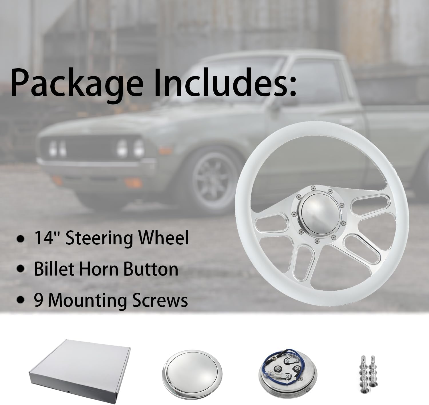 14'' Billet 4-slot Half Wrap 9 Bolts Steering Wheel with 2'' Dish and Horn Button Compatible with Chevy, Ford, GM (White)