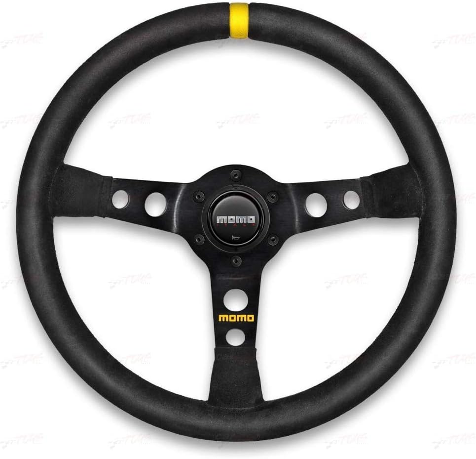 MOMO Motorsport MOD.07 Suede Racing Steering Wheel – 350mm, 72mm Deep Dish, Yellow Horn, 3-Spoke with Cutouts, 6-Bolt Aluminum Frame – Authentic MOMO Italian Aftermarket Wheel. Hub Adapter Required