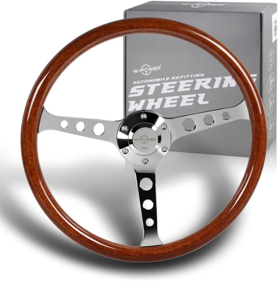 W-Power, 15' Reinforced 380mm 6 Bolt Hole Aluminum Finised Brown Wood Grain Trim Steering Wheel, Chrome Horn Button JDM Euro VIP Style, 3' Deep (Brown Wood Grain/Chrome Spoke)