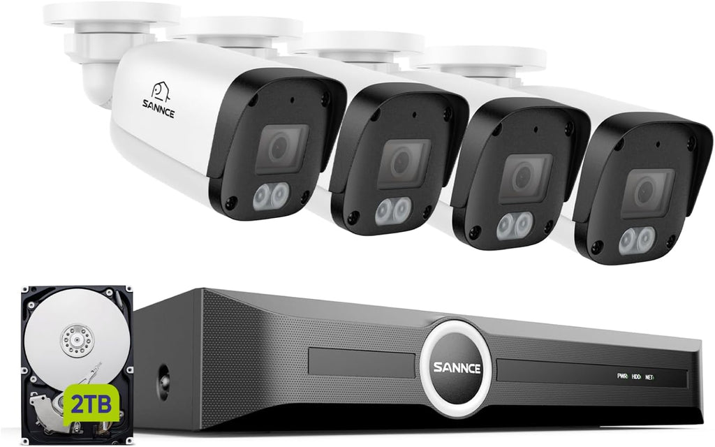 SANNCE 5MP PoE Security Camera System - 8CH 6MP NVR with 4PCS 5MP HD Weatherproof Bullet Surveillance Cameras with H.265 Video Compression, Smart IR LED, APP Push Alert, Remote Access (2TB HDD)